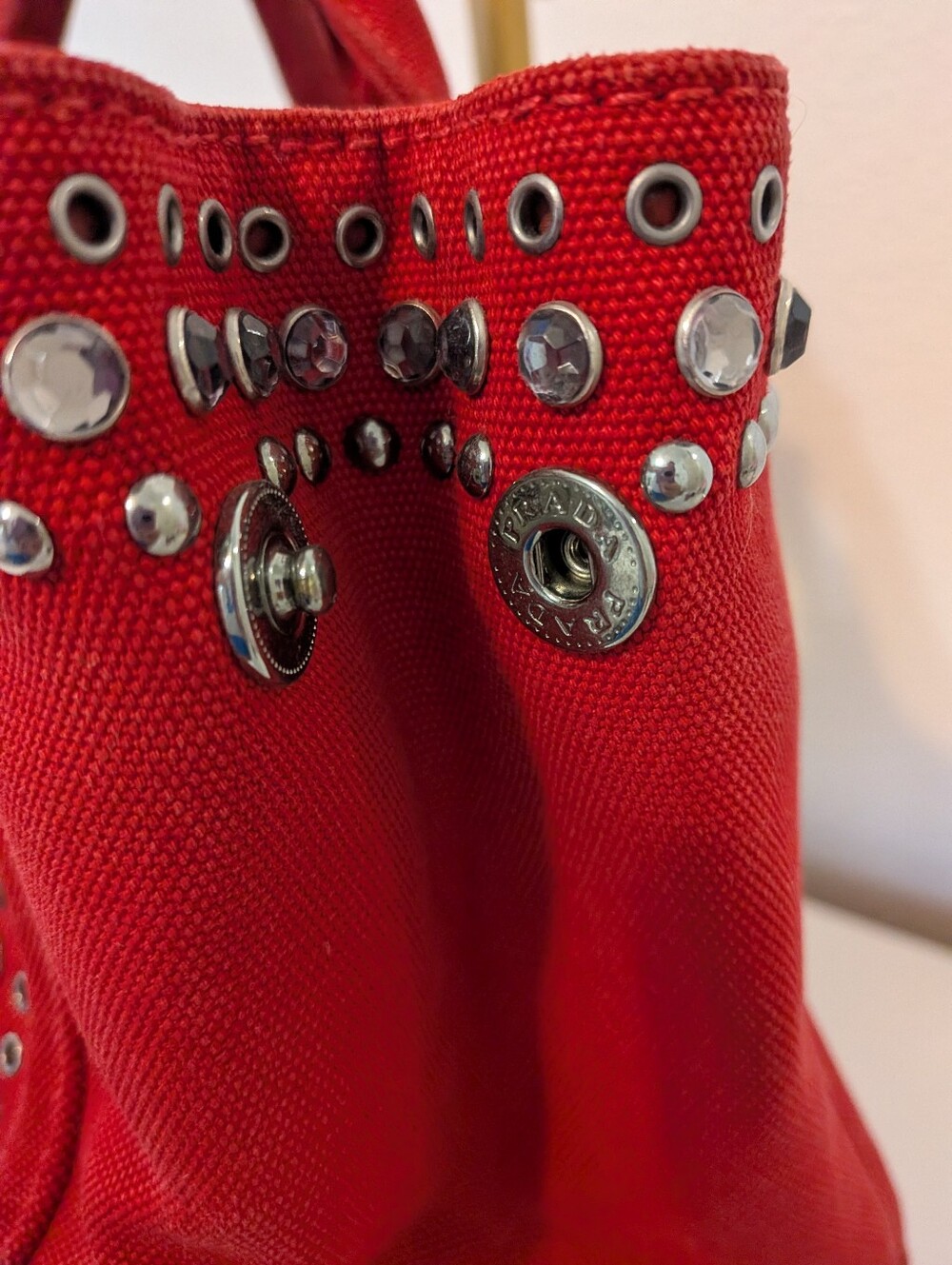 Prada Canapa Red Studded Rhinestone Small Satchel - Picture 4 of 13